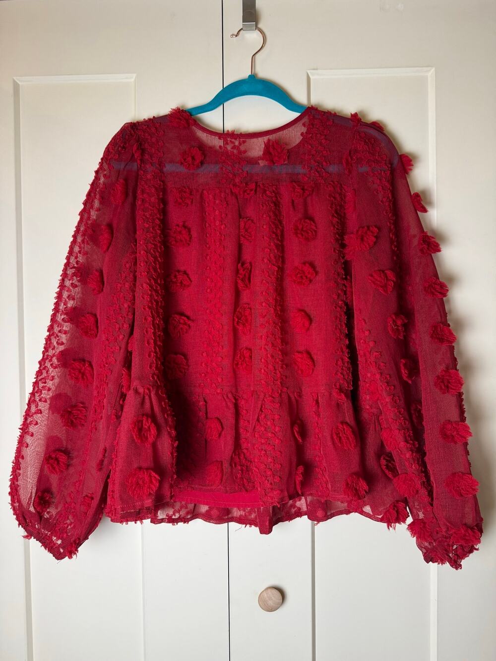 Hailey & Co Red Floral Pom Pom Sheer Peplum Blouse Balloon Sleeve Small